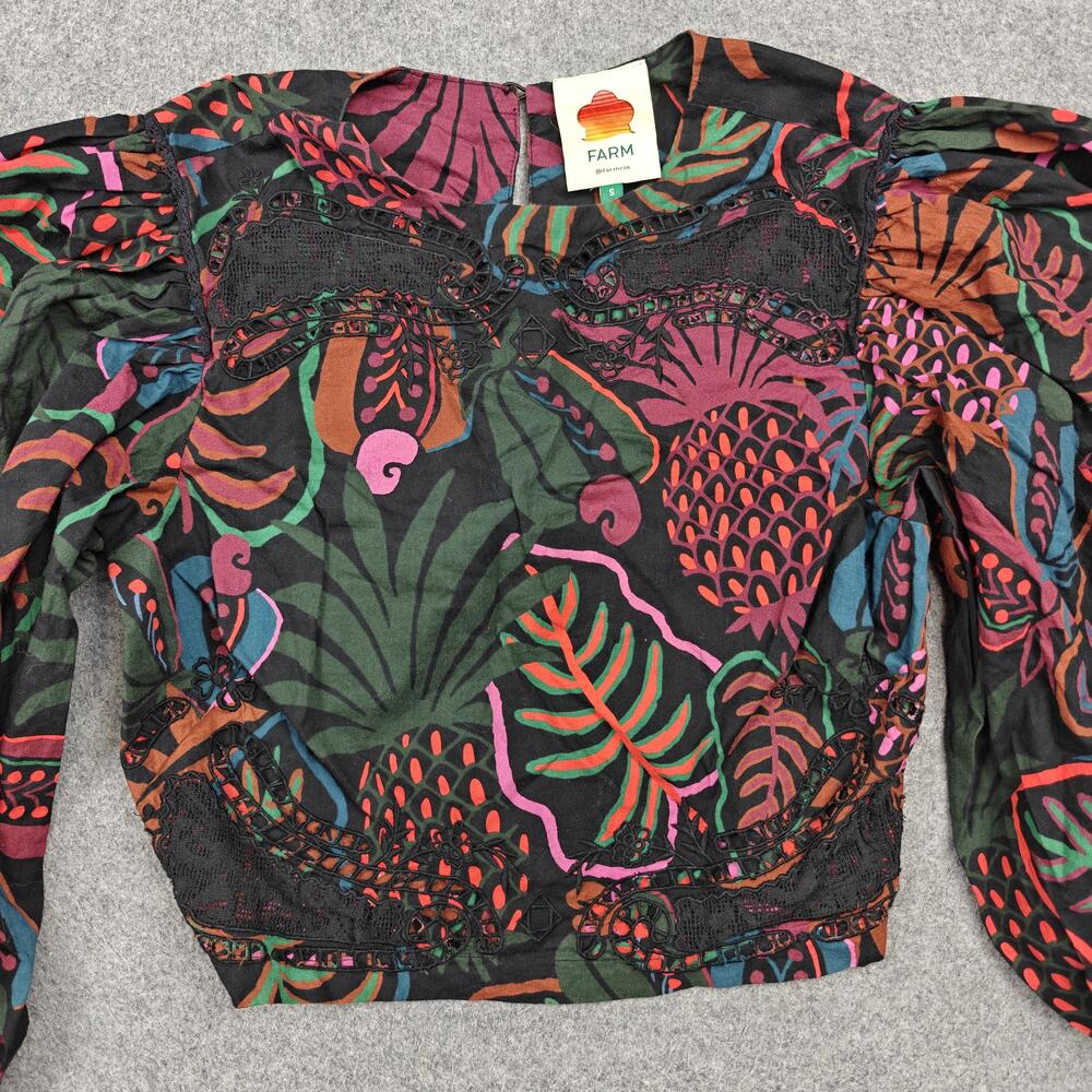 Farm Rio Blouse Womens Small Black Cropped Balloon Sleeve Crochet Floral Top - Picture 2 of 11